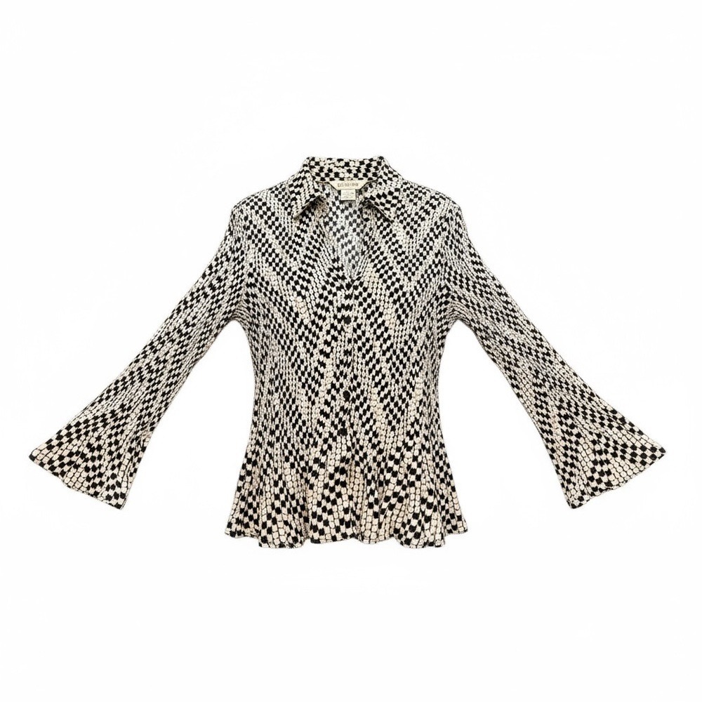 Allison Taylor Black and White Geometric Bell Sleeve Blouse